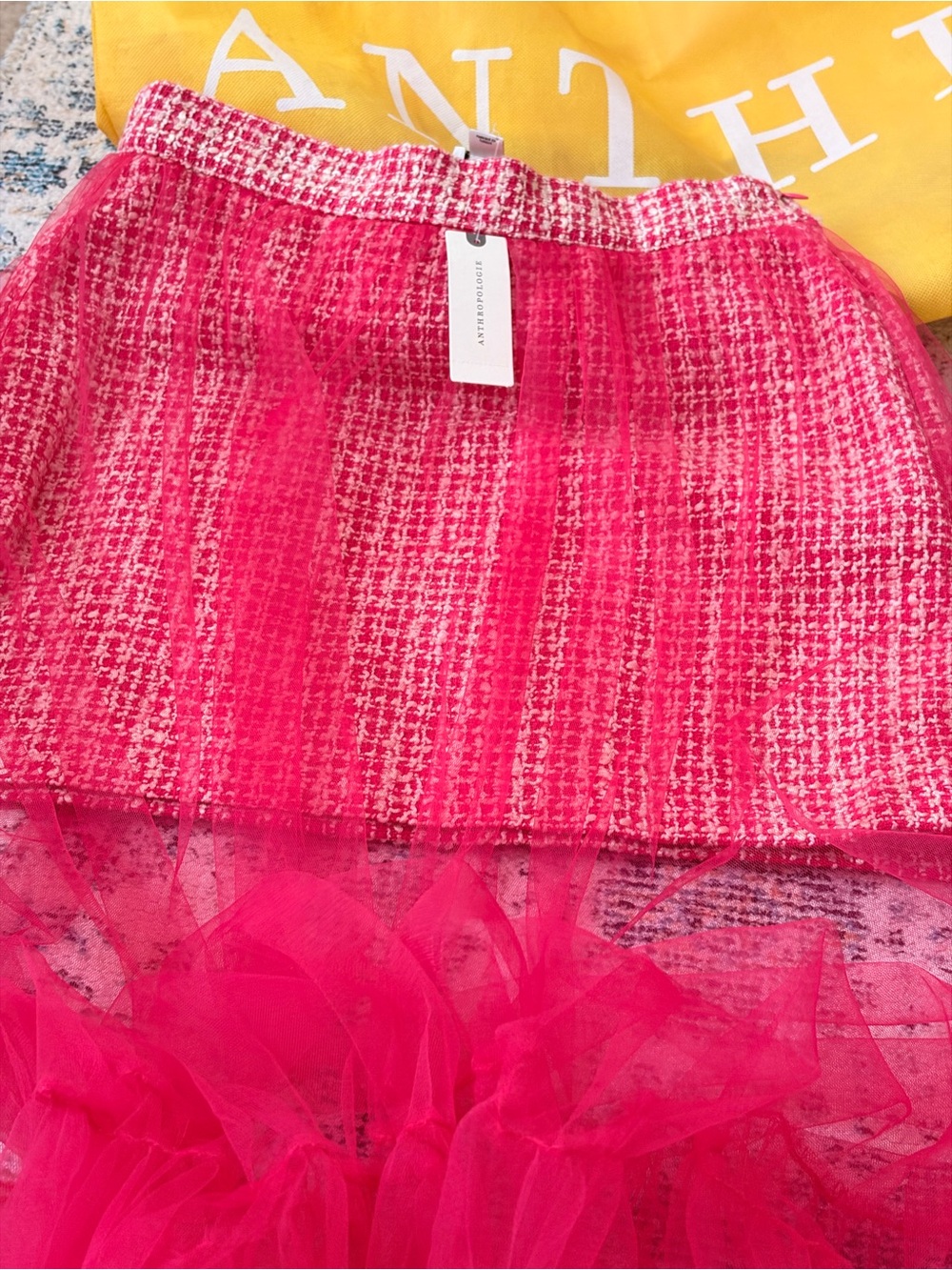 Anthropologie Hot Pink Tweed Mini with Sheer High-Low Tulle Overlay - Picture 7 of 10